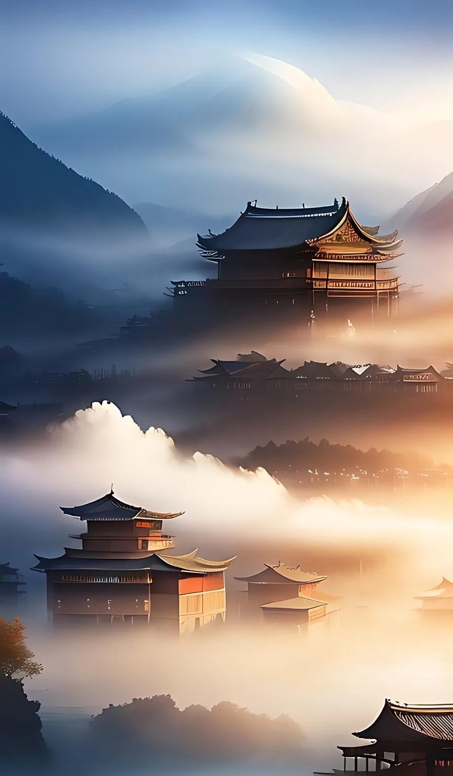 一幅江南烟雨古镇的美丽画卷。雨后，中国古老的苗族木屋云雾潦绕着，这是一款超广角、