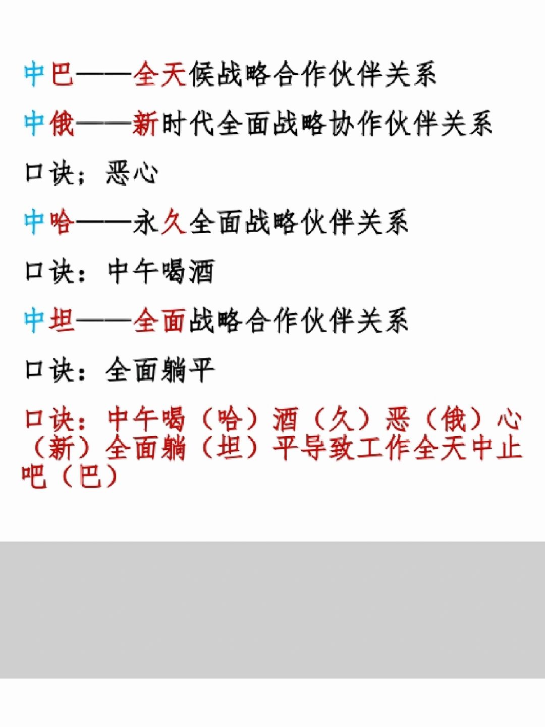 全面战略伙伴关系（一句话记忆