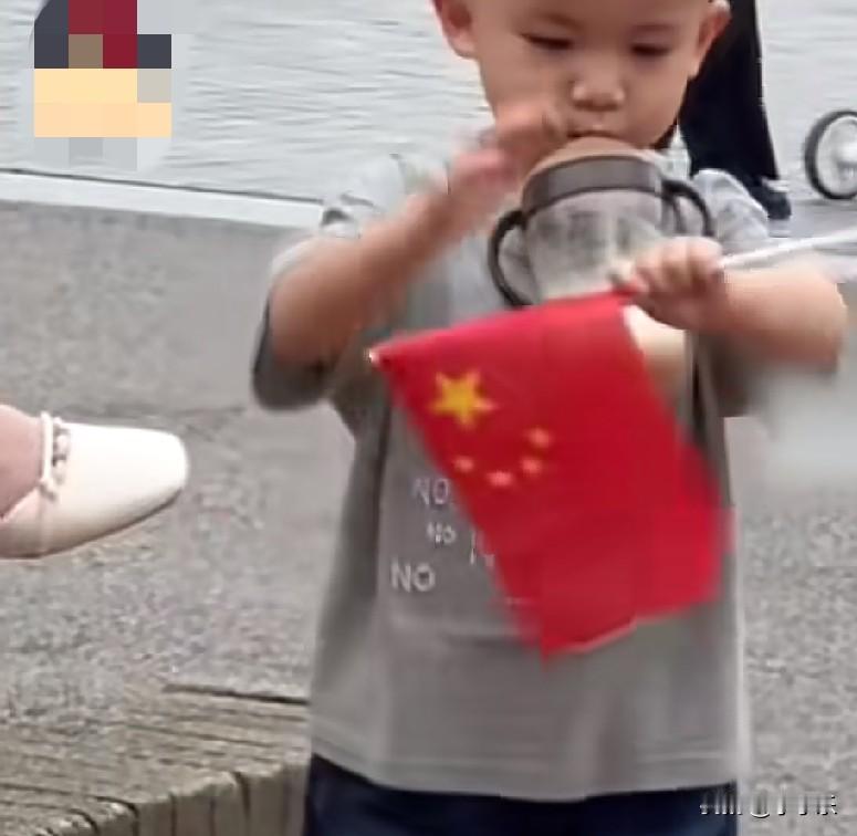 近日，湖南长沙一名2岁男孩，看见地上有游客遗落的小红旗，于是一边叼着奶嘴，一边将