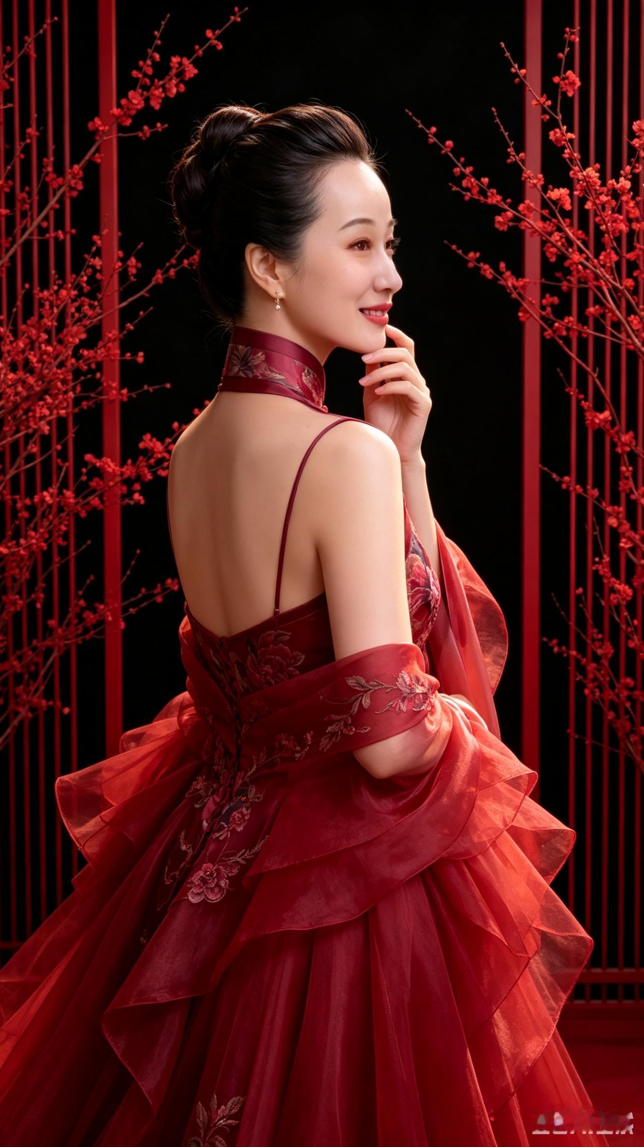 一袭红花旗袍美轮美奂，绸缎面料熠熠生辉
背后粉色桃花肆意绽放，古亭之景满是氛围感