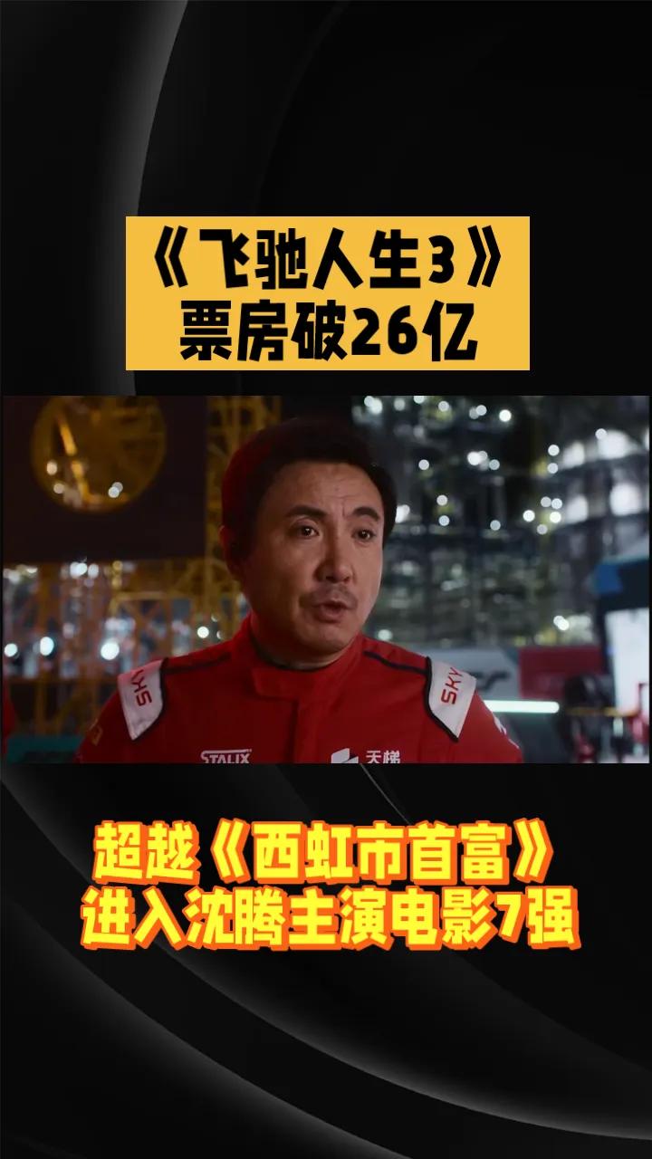 《飞驰人生3》票房破26亿，超越《西虹市首富》。
由韩寒执导，沈腾、尹正、黄景瑜