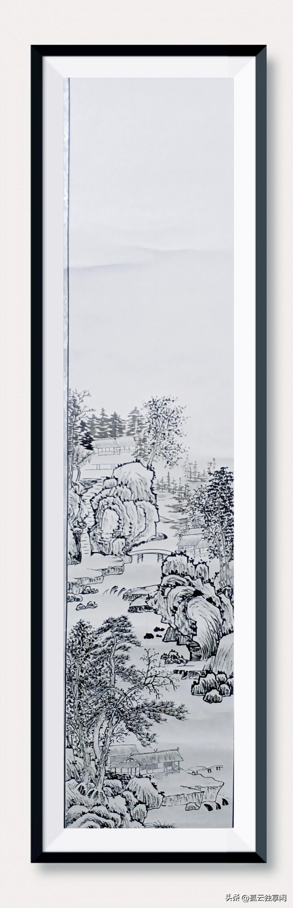 完成四尺对开国画《山水人家》的部分墨稿绘制。