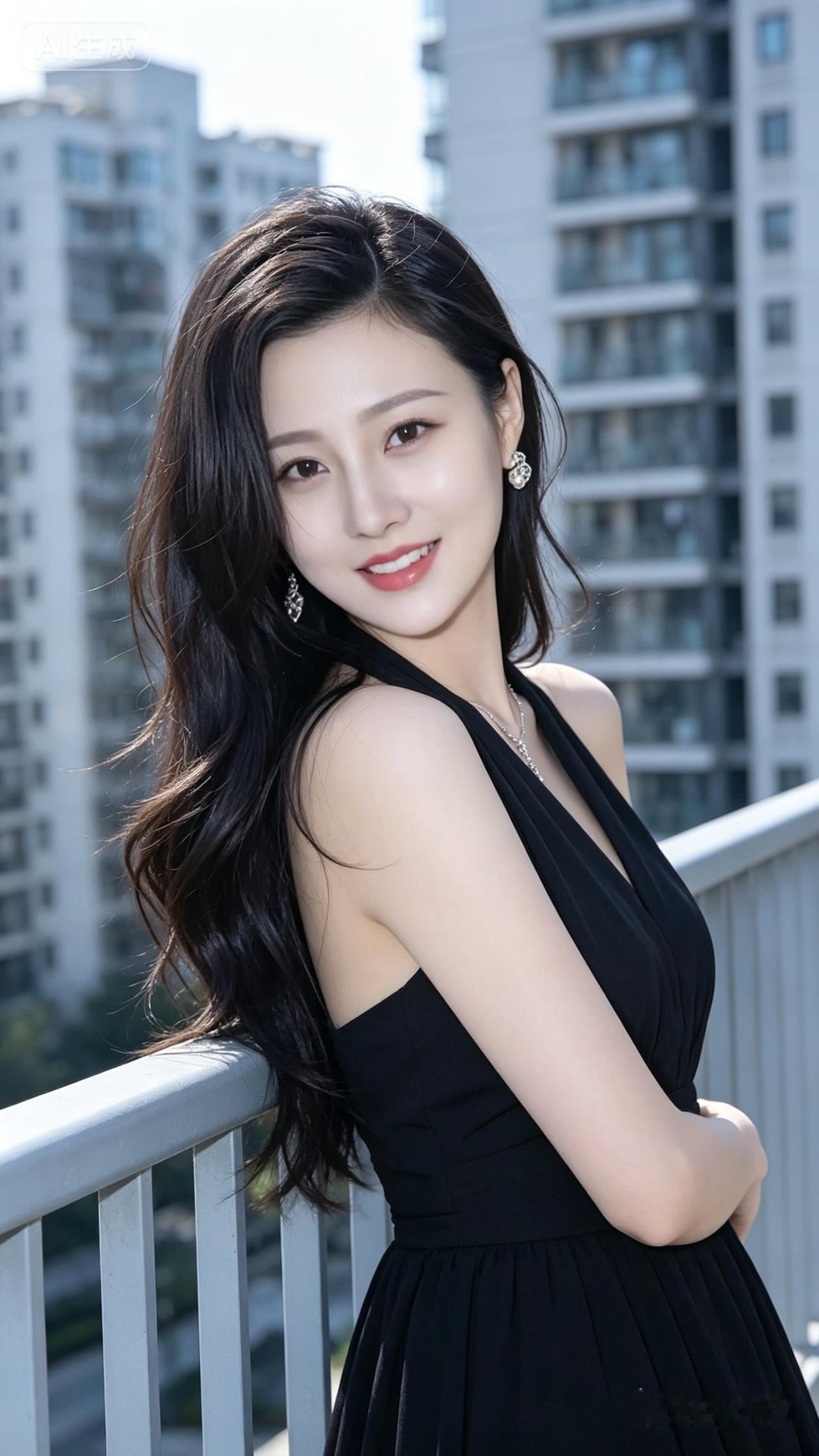 这位美女在阳台上微笑拍照。