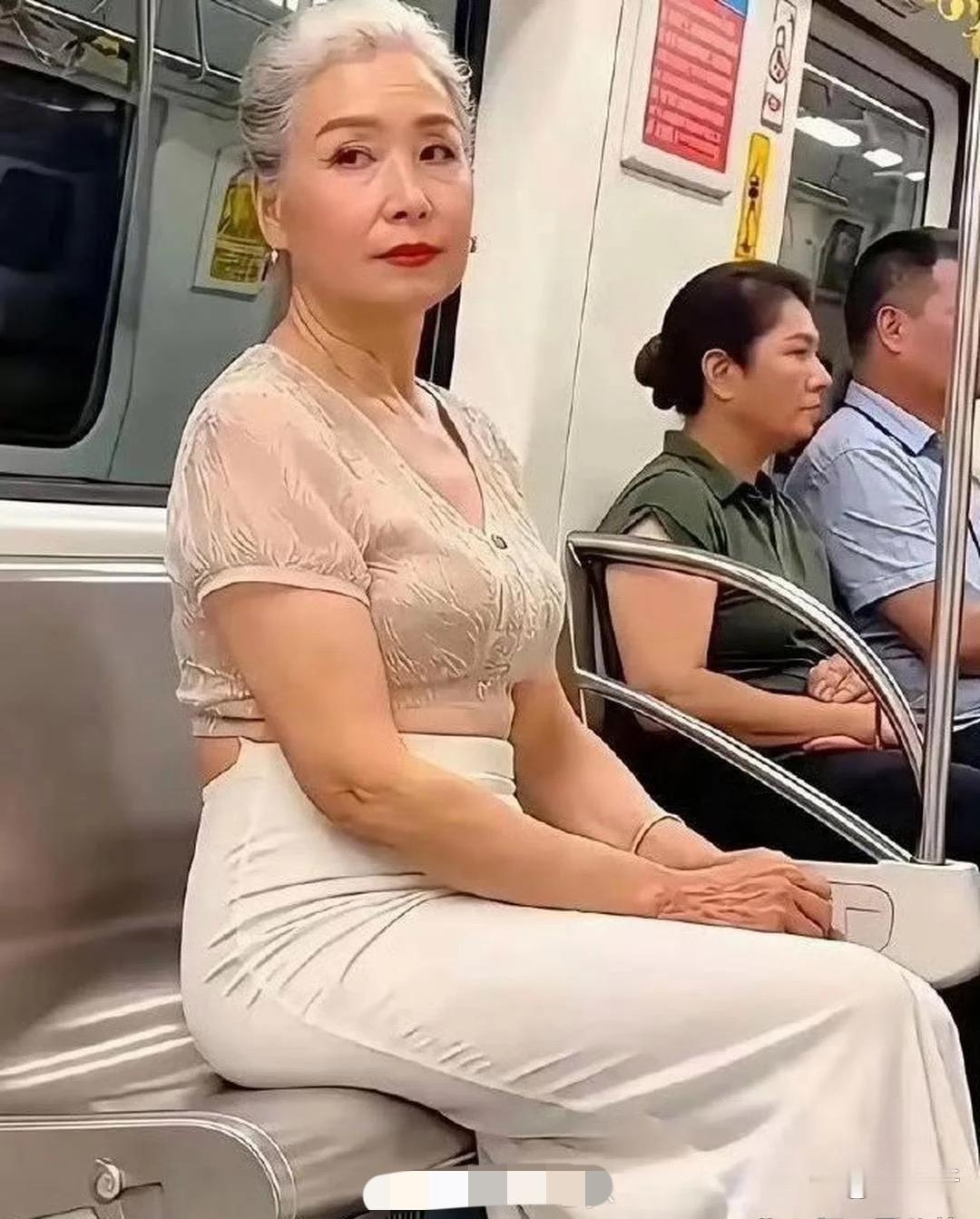 地铁偶遇一位银发阿姨，穿搭精致仪态优雅，从容又自信。很多人觉得上了年纪就要穿得朴