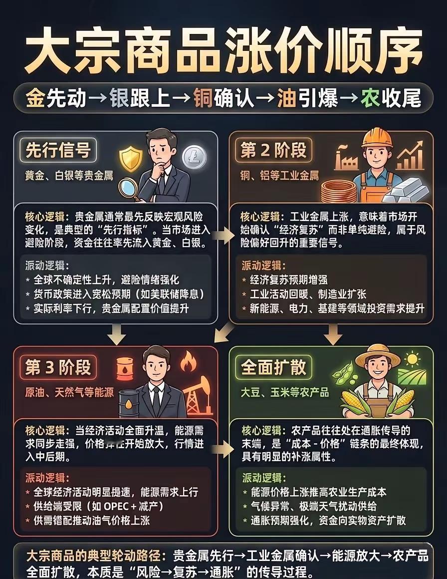 大宗商品涨价顺序
金先动，银跟上，铜确认，油引爆，农收尾！