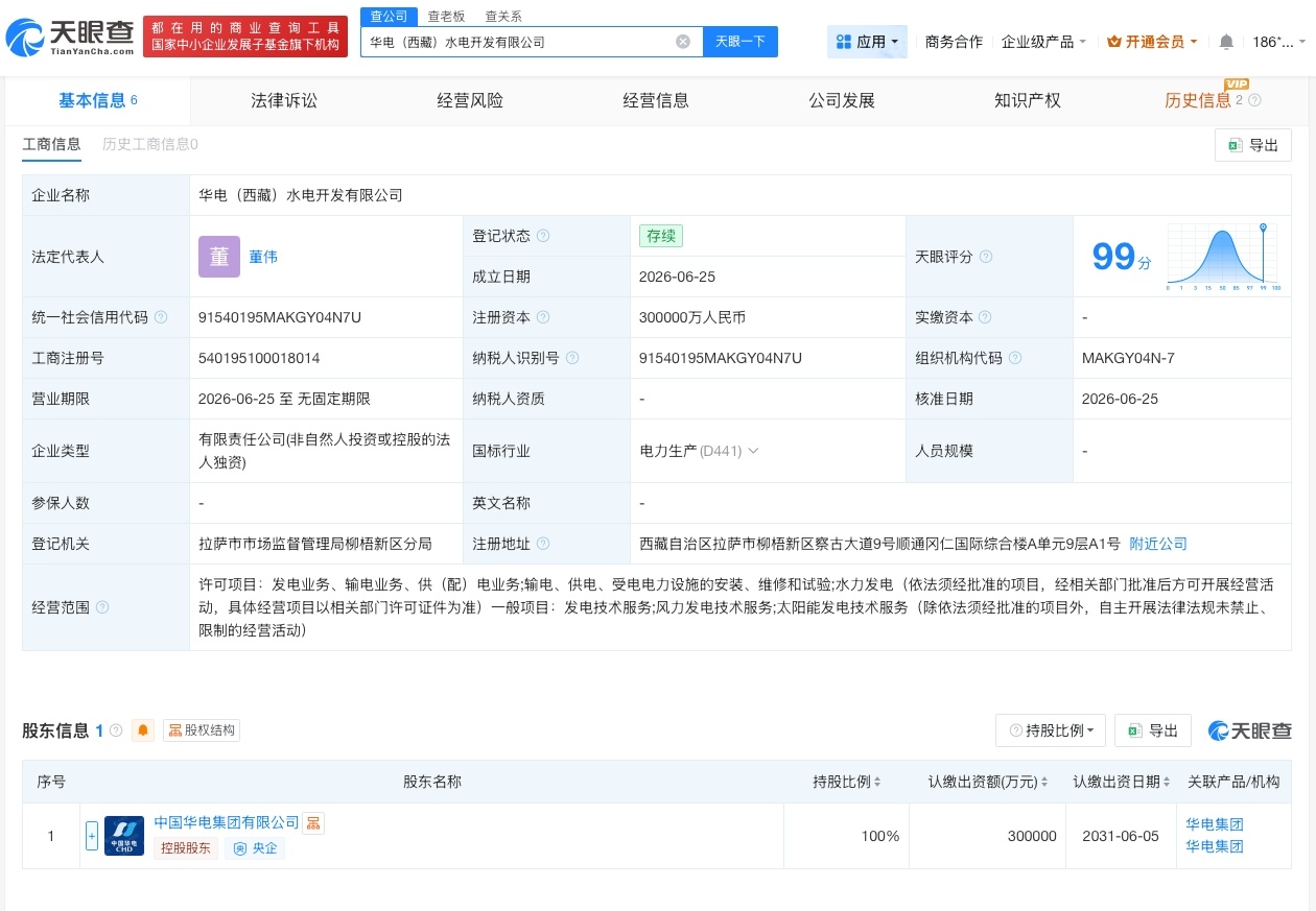 【华电集团在西藏成立水电开发公司 注册资本30亿】财报研究社Pro讯，天眼查Ap
