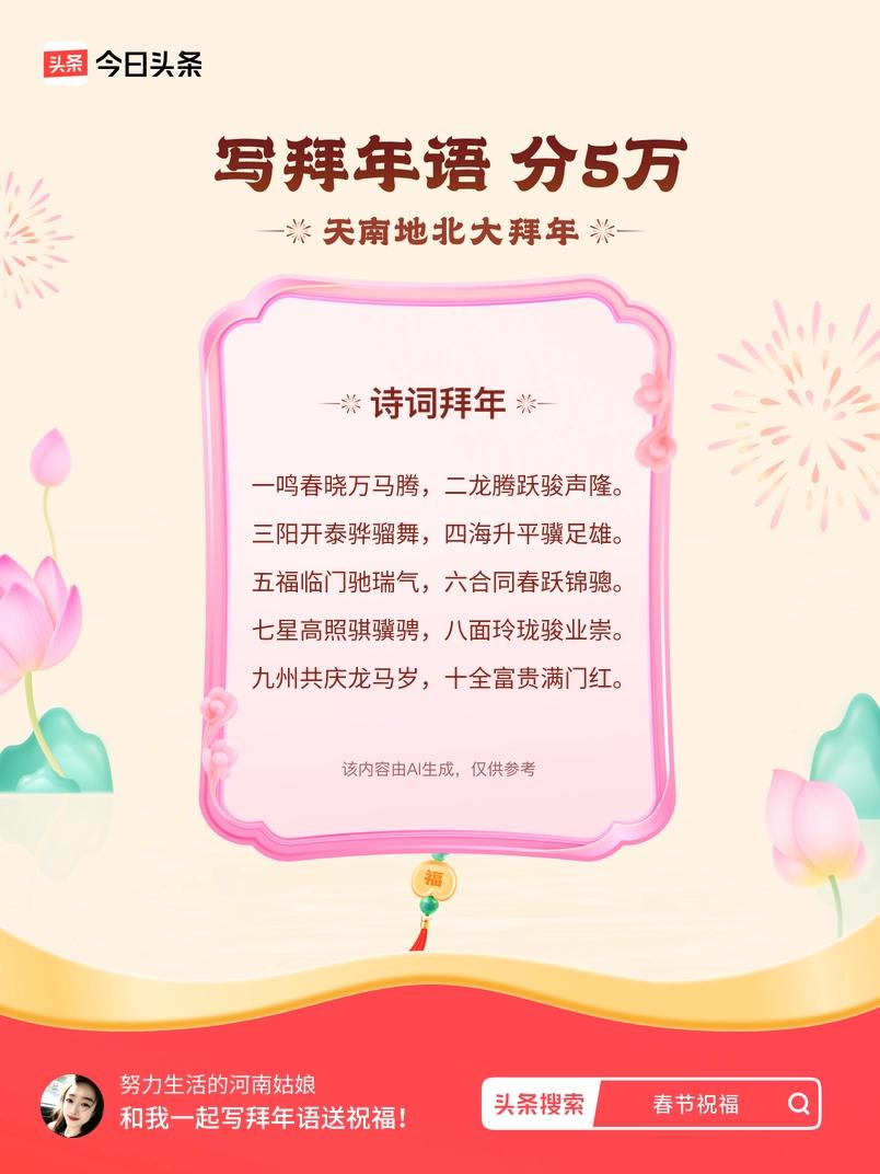 写拜年语送祝福新春拜年送祝福！我的祝福是：“一鸣春晓万马腾，二龙腾跃骏声隆。三阳