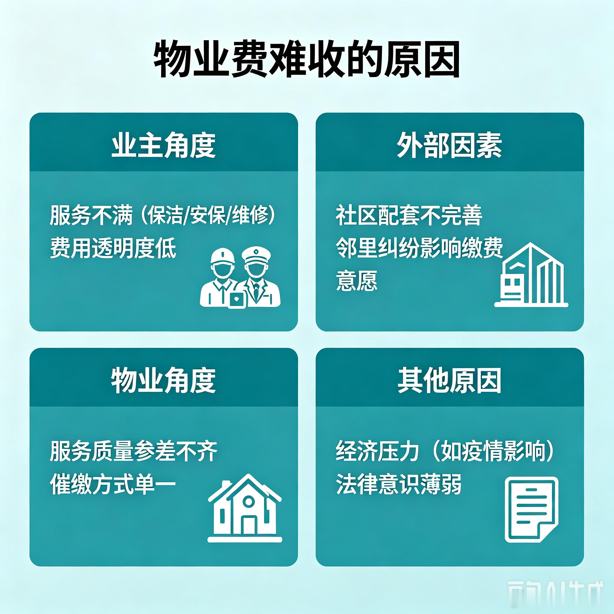 物业费难收的原因物业费收缴率连年下滑，主要受多重因素叠加影响。首先是“质价不符”