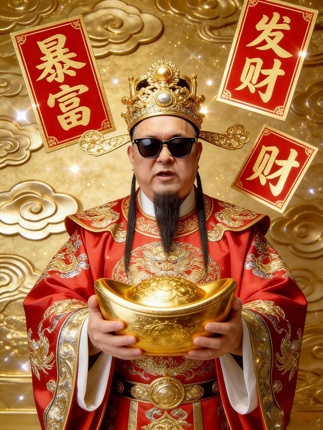 迎财神五路财神驾马临，金堂璀璨散千金。瑞娃手把元宝立，满室荣华福满林。 