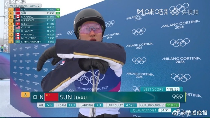 【#孙佳旭第二跳118.55分#】米兰冬奥会自由式滑雪男子空中技巧预赛第二轮，第