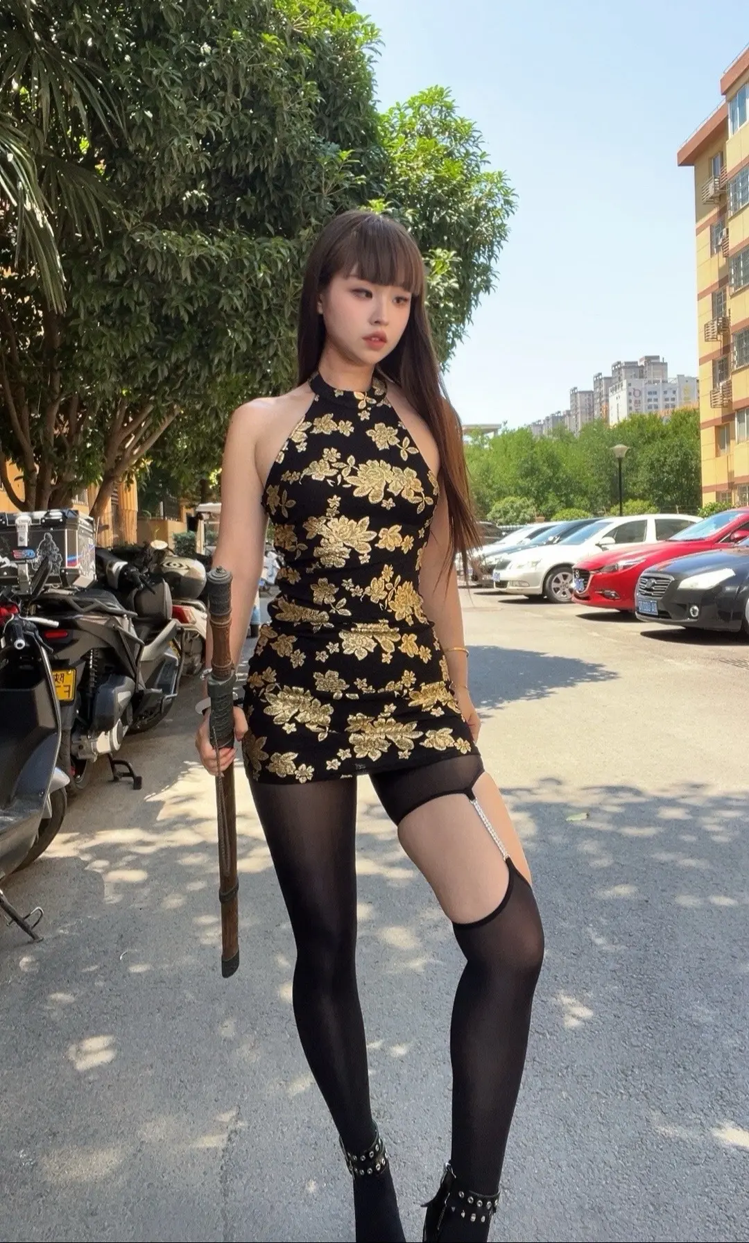 清纯女神 美女 高跟黑色丝袜穿搭 旗袍 夏天裤子