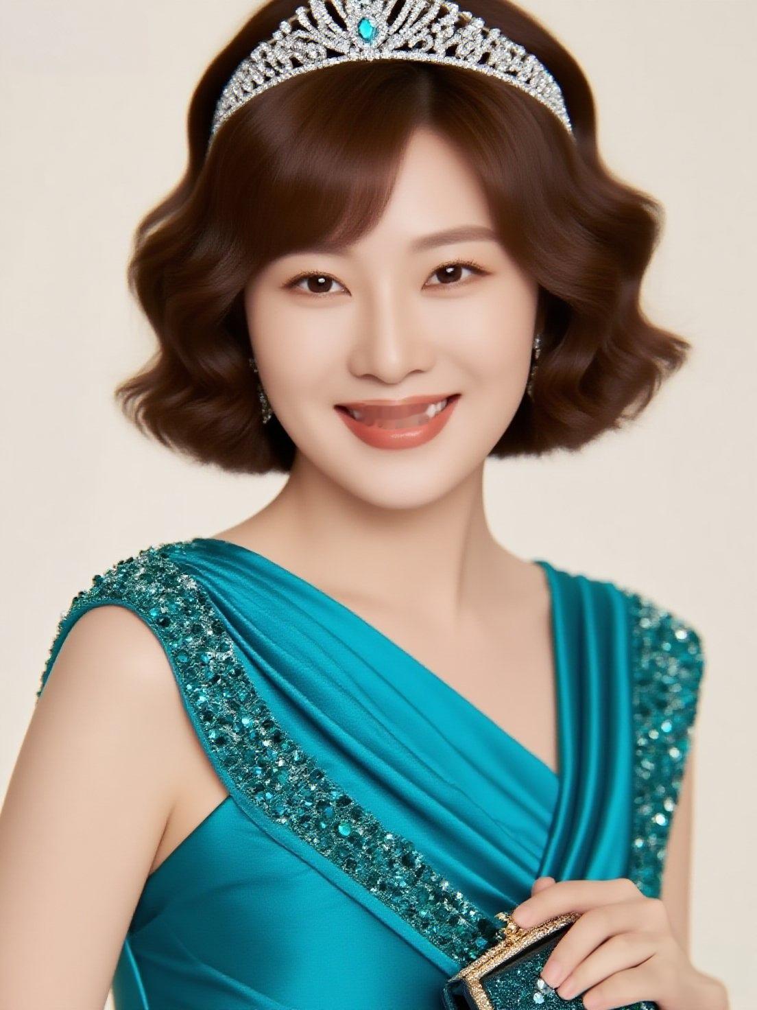优雅蓝裙公主风，闪耀的皇冠和耳环，完美搭配！👑💎✨