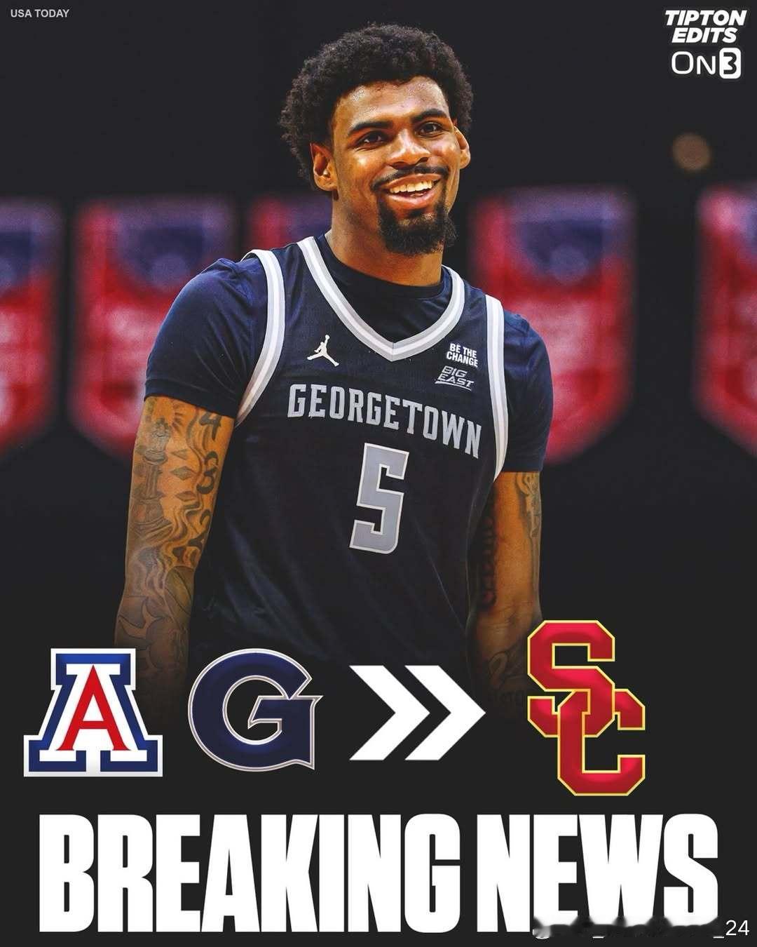 乔治城大学后卫KJ·刘易斯(KJ Lewis)转学加盟南加大这位身高6尺4寸（约