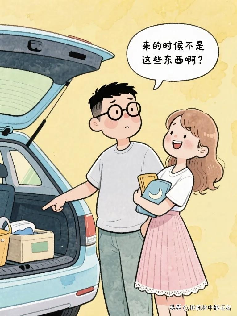 搞笑漫画：后备箱比来时还满，丈夫："来的时候不是这些东西啊？" 妻子："你妈给的