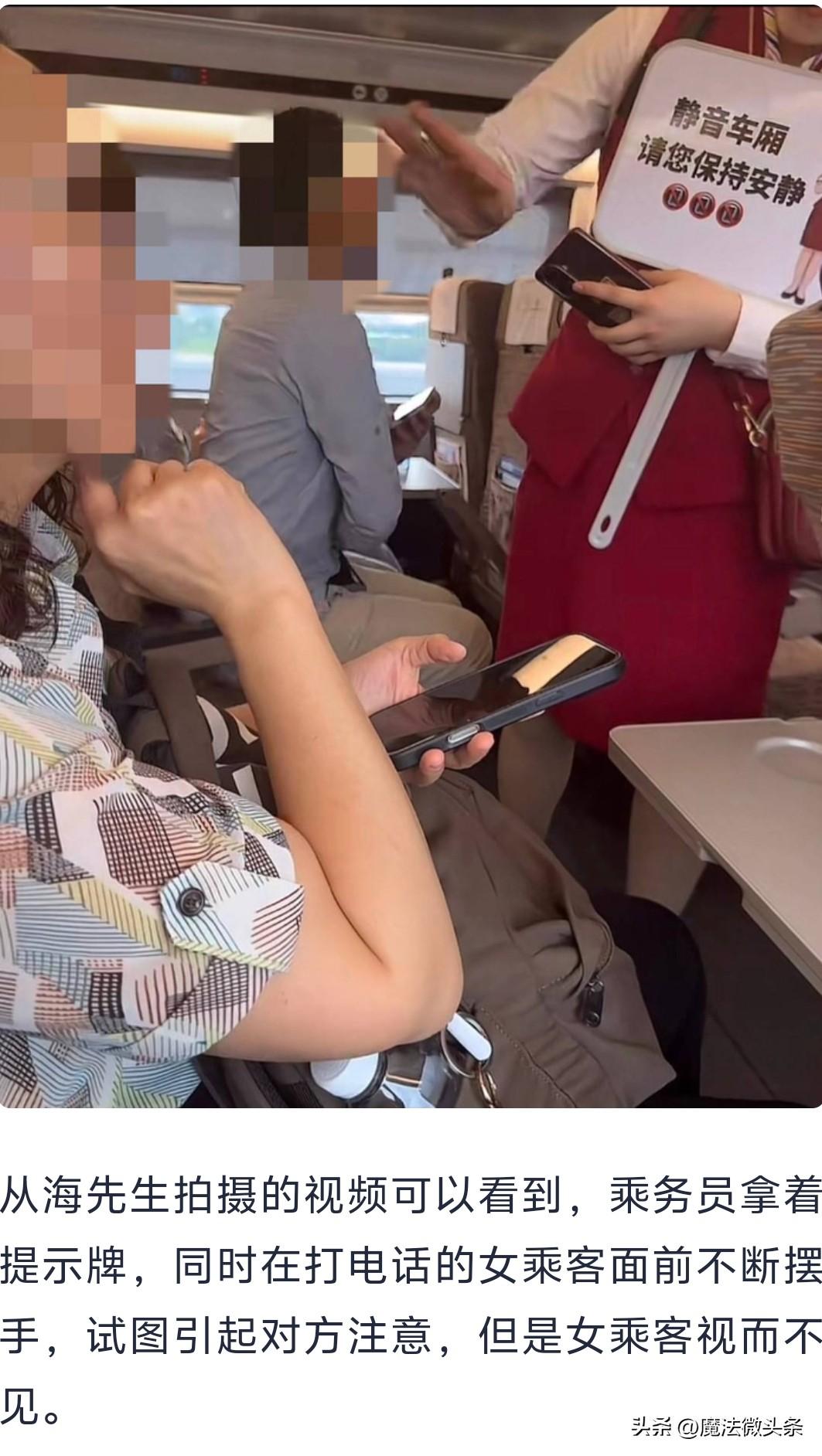 女子在高铁静音车厢连打20分钟电话 乘客：乘务员一直举牌劝阻却被忽视这一情况着实