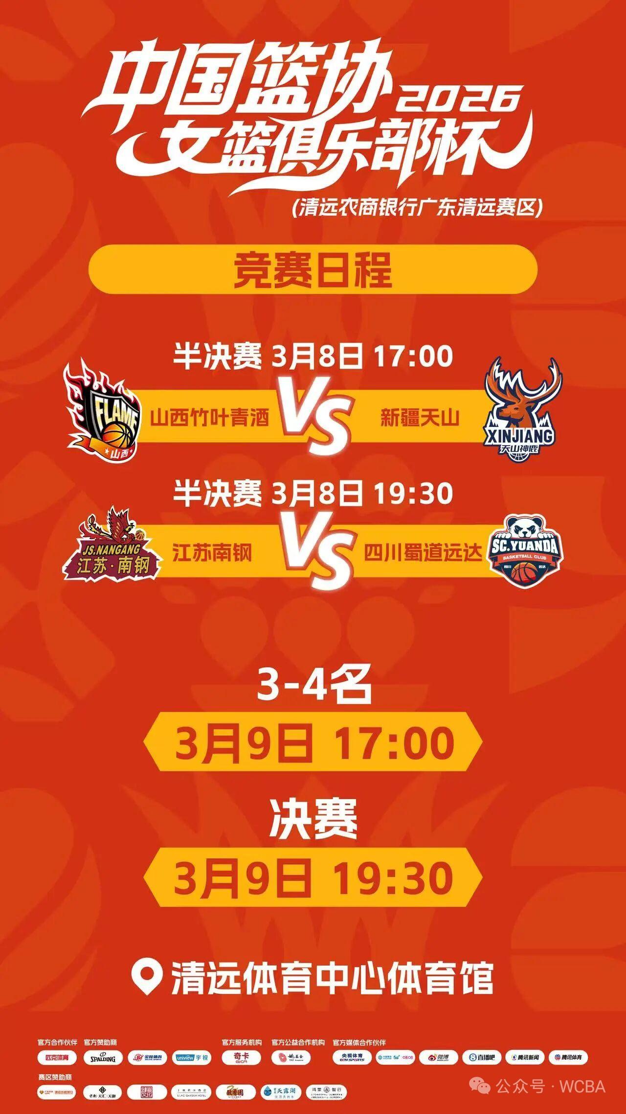 WCBA女篮俱乐部杯4强全部产生！分别是江苏 山西  四川 新疆，
具体对阵江苏