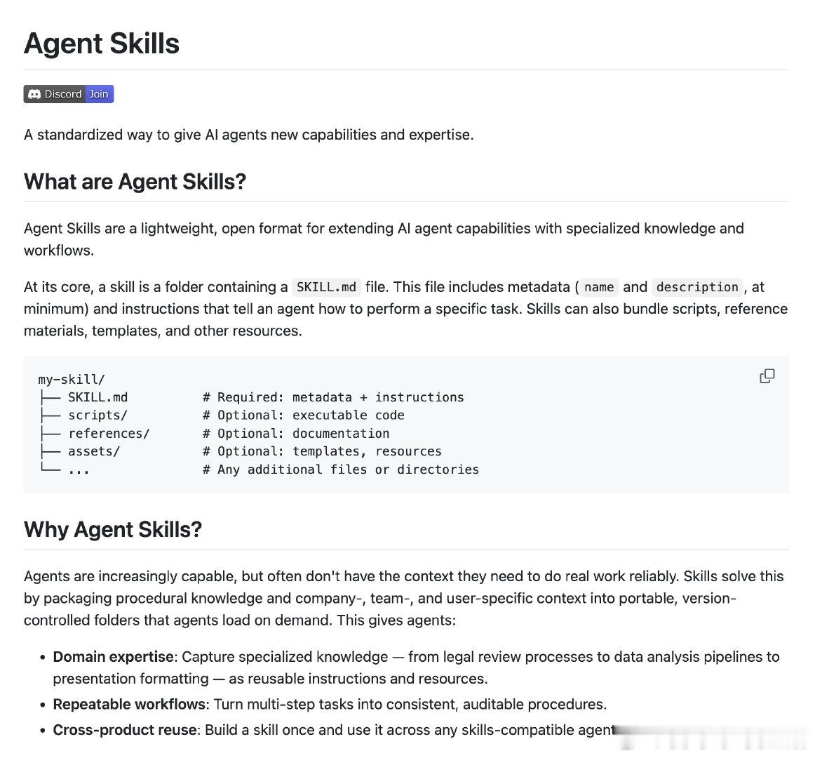 Agent Skills 是一套标准化的 AI 智能体技能扩展方案，通过轻量级的