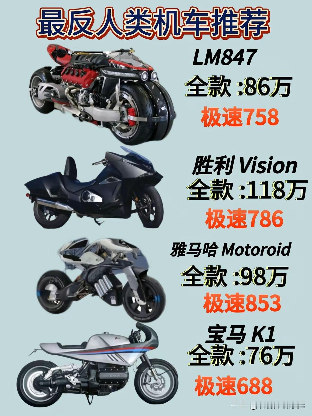🟢 近日网络疯传“最反人类机车推荐清单”： LM847（86万/758km/h