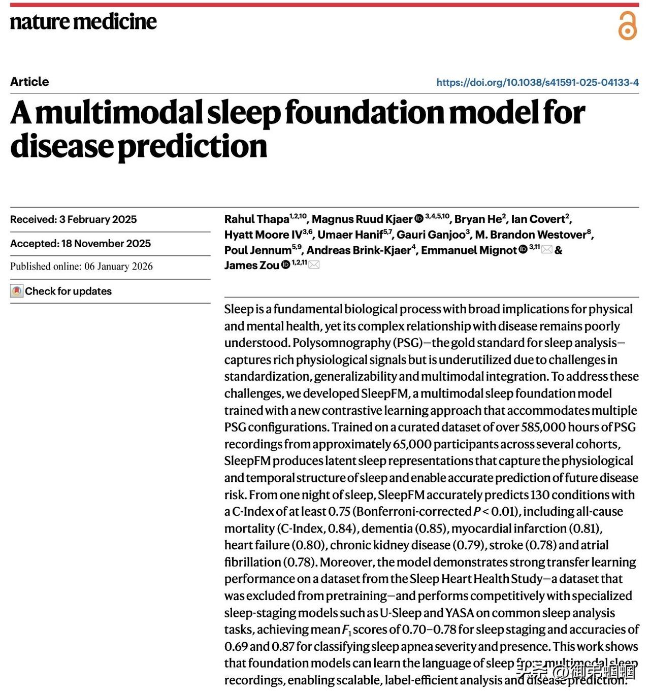 重磅！AI仅需一夜睡眠数据，就能预测130种疾病风险
2026年1月7日 今日头