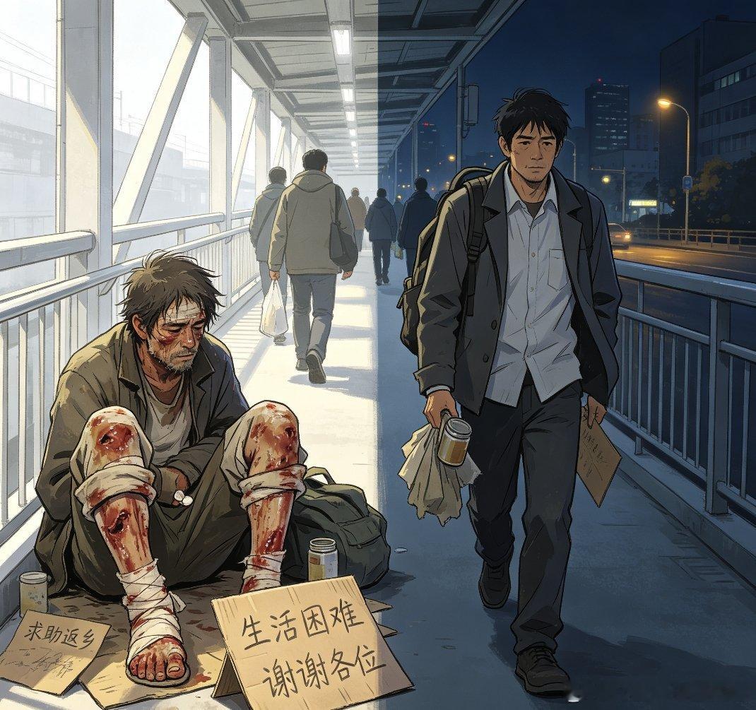 汕头 【假乞丐 天桥假残局】假乞丐白天用特制膏体伪装溃烂双腿，坐天桥跪地乞讨，身