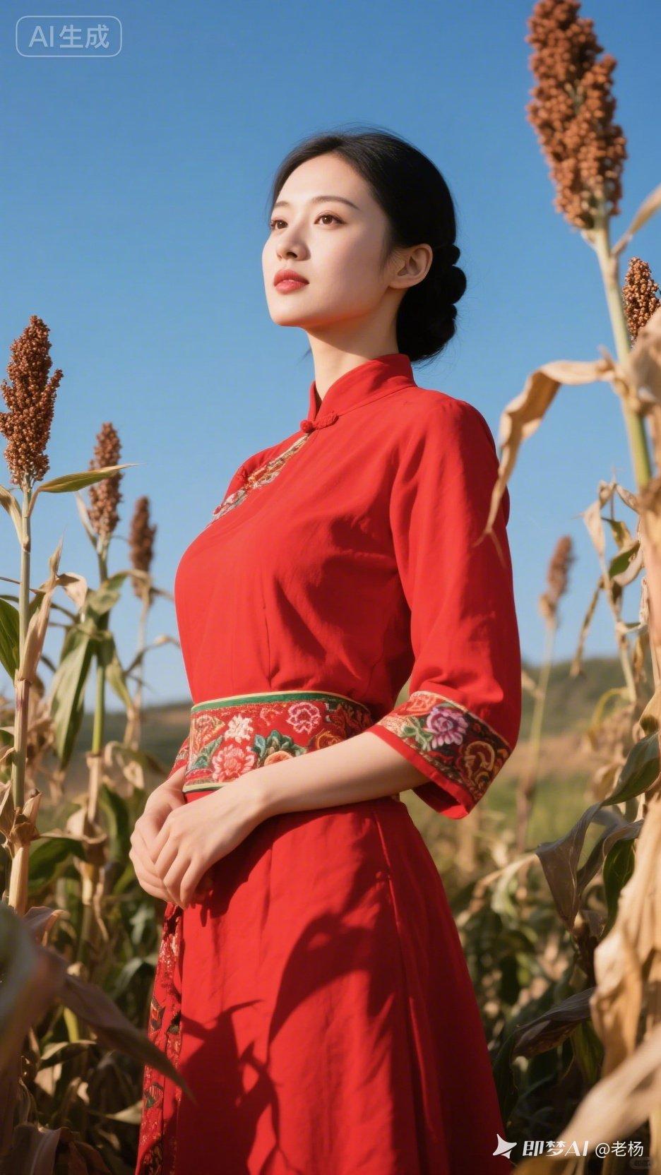 红衣少女，田间漫步，岁月静好。
