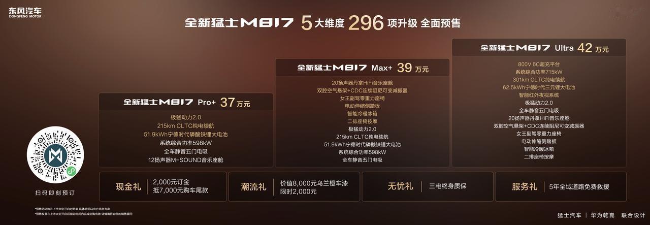 5月29日，猛士汽车联合华为乾崑打造的全新猛士M817开启预售，预售价37万元起