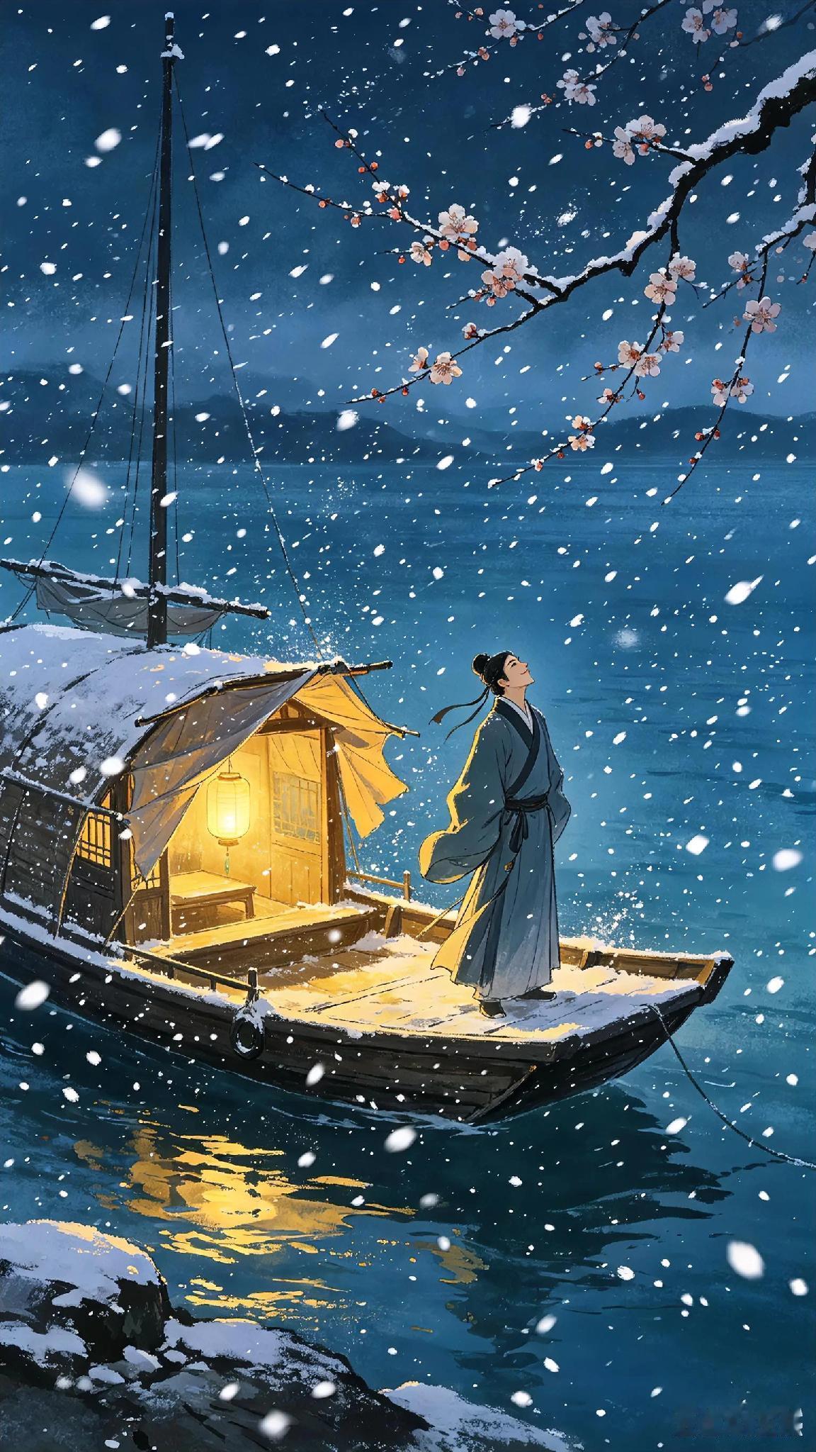 《双调》水仙子舟中、孙周卿。
孤舟夜泊洞庭边，
灯火青荧对客船。
朔风吹老梅花片