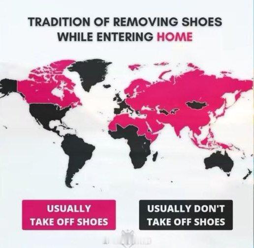 回家后是否有脱鞋习惯的国家/地区分布。   