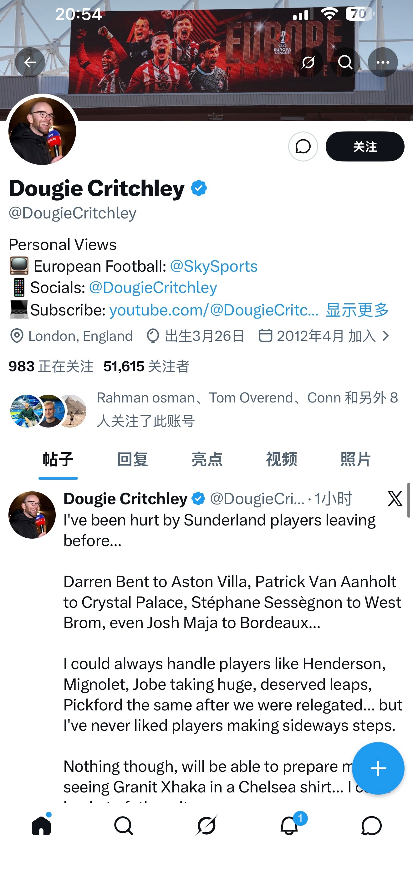 支持桑德兰的记者Dougie Critchley之前桑德兰多名球员离队的事已经伤