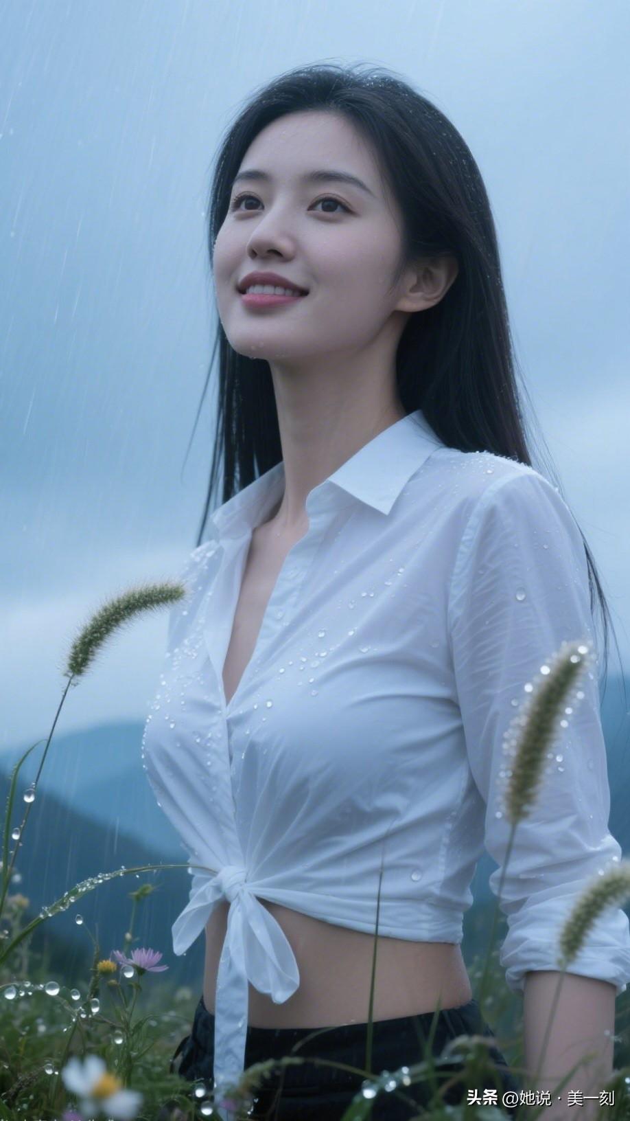 雨中漫步，清新白衬衫，自然美如画。分享甜美小姐姐随手拍