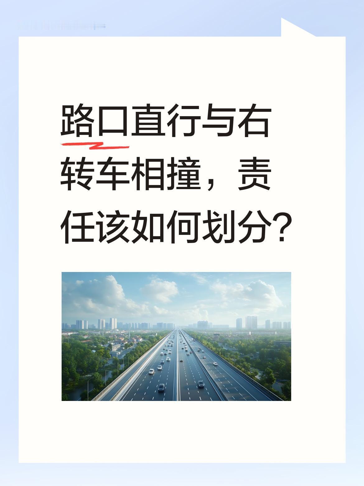 路口直行与右转车相撞，责任该如何划分？
视频中，白色车辆直行通过路口时，与正在右