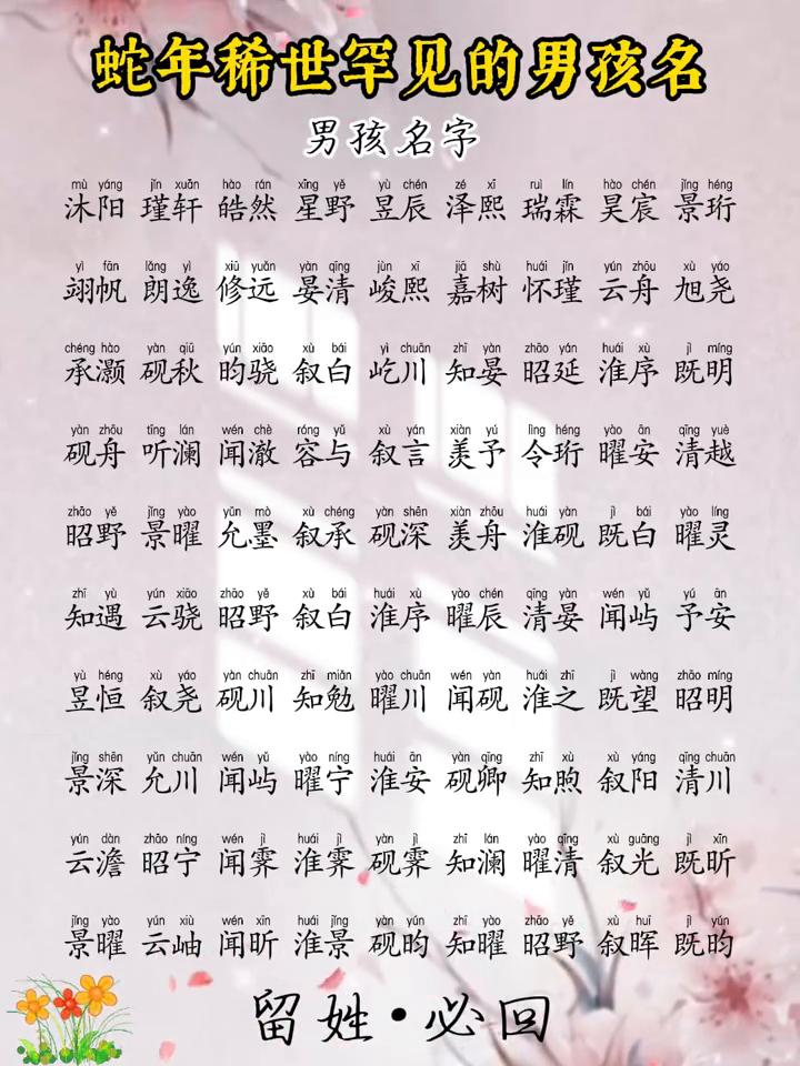 蛇年稀世罕见的男孩名。
男孩名字：昭野、景曜、允墨、叙承、砚深、美舟、淮砚、既白