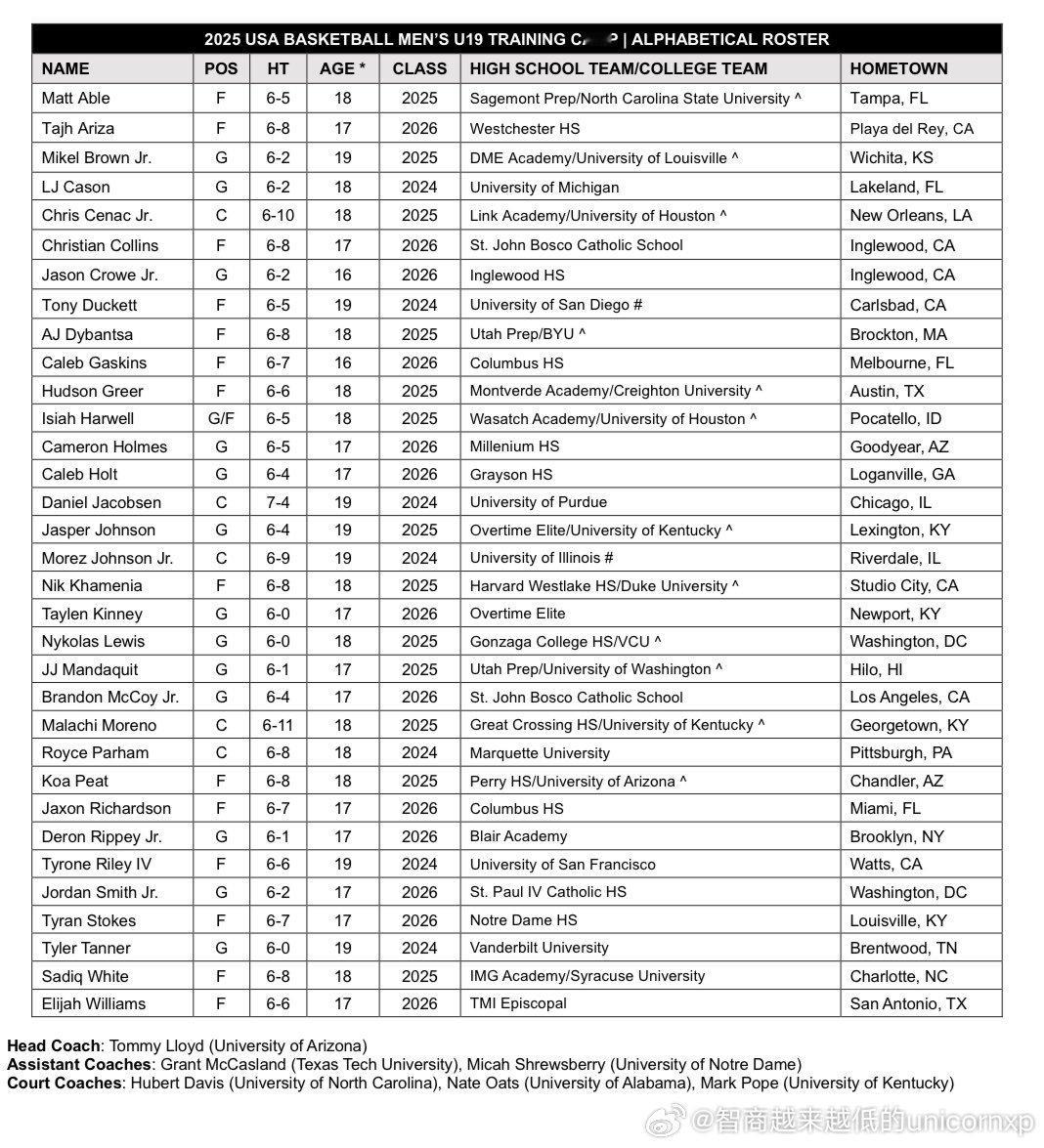 星光闪耀，美国宣布33人U19国青集训名单NBA[超话]U19男篮世青赛 ​​​