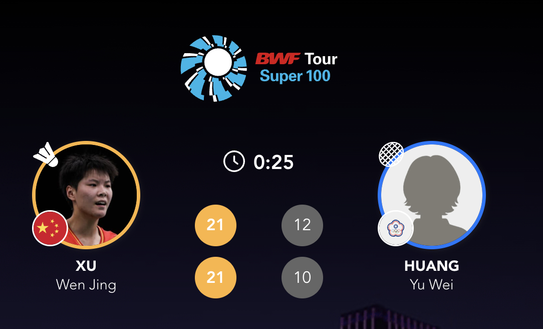 资格赛：徐文婧🇨🇳 21-12、21-10 黄雨薇正赛：徐文婧🇨🇳 vs