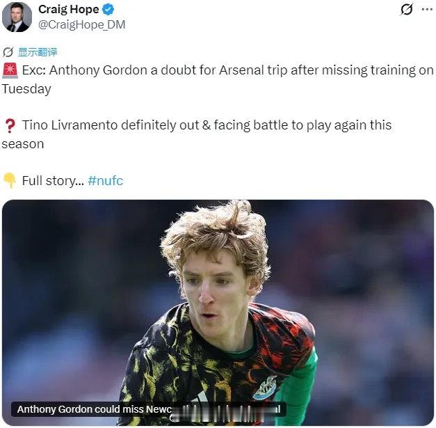 邮报主编CH消息，安东尼-戈登出战对阿森纳 的比赛成疑，这名边锋缺席了周二的训练