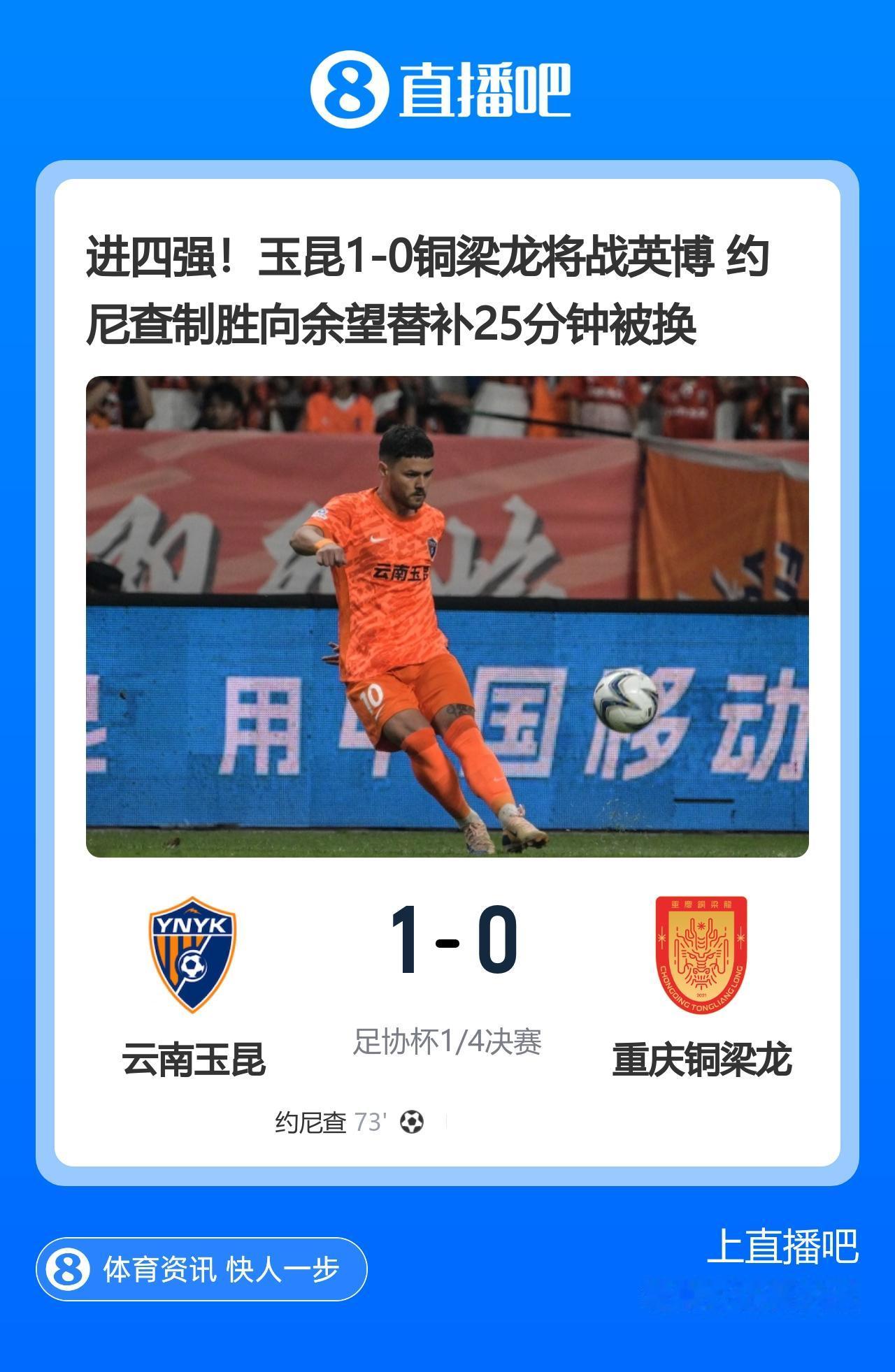 足协杯1/4决赛最后一场对决：
云南玉昆1-0力克重庆铜梁龙
上半场两队均未破门