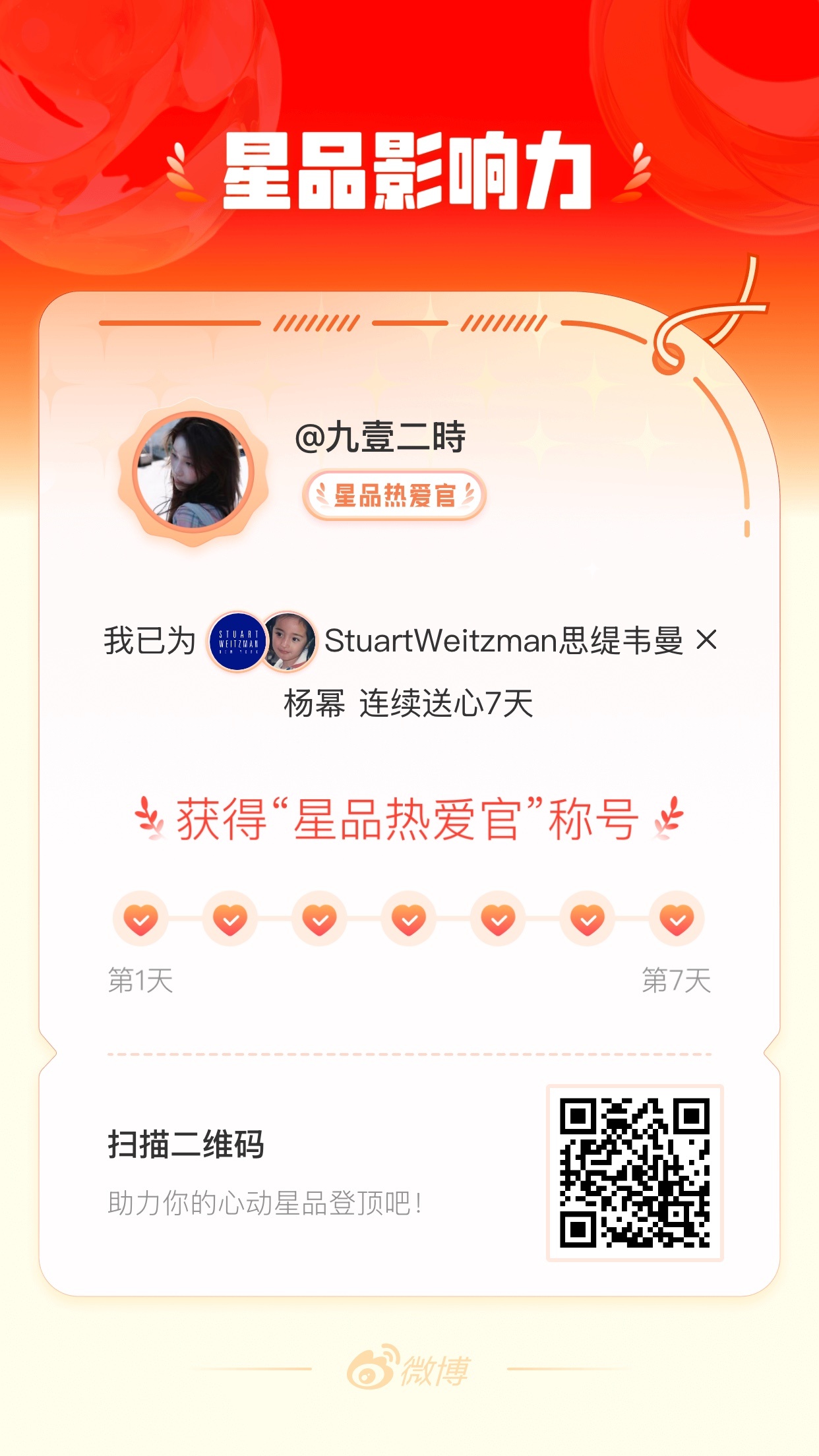 我在星品影响力上为 X 连续送心7天，获得“星品热爱官”称号！快来一起pick你