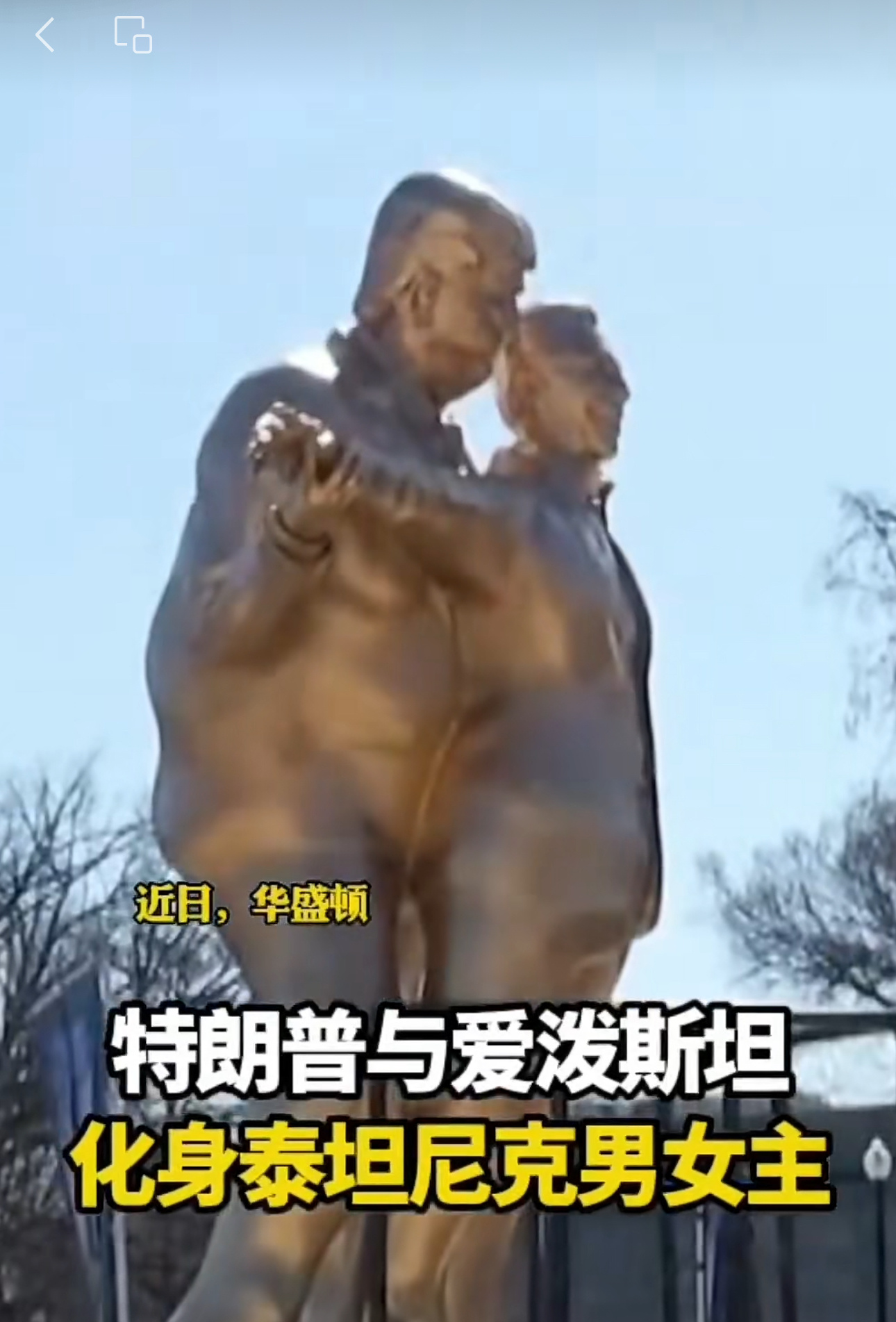 匿名的艺术家团队在华盛顿打造了特朗普抱爱泼斯坦的一组雕像重现电影《泰坦尼克》经典