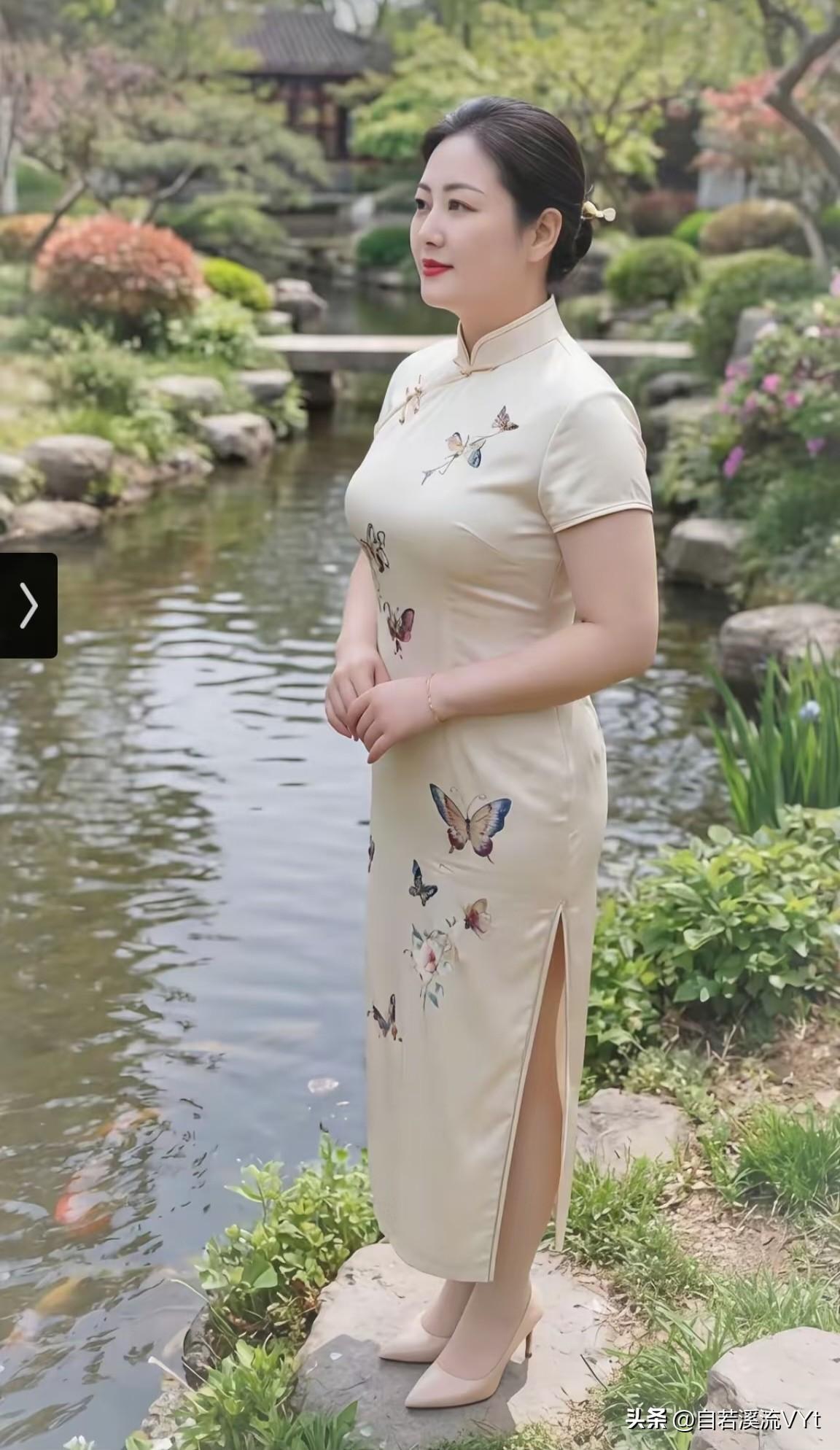七律·园隅立
 
旗袍浅映蝶衣轻，
立向池边听水声。
翠影环亭春未老，
波光摇岸