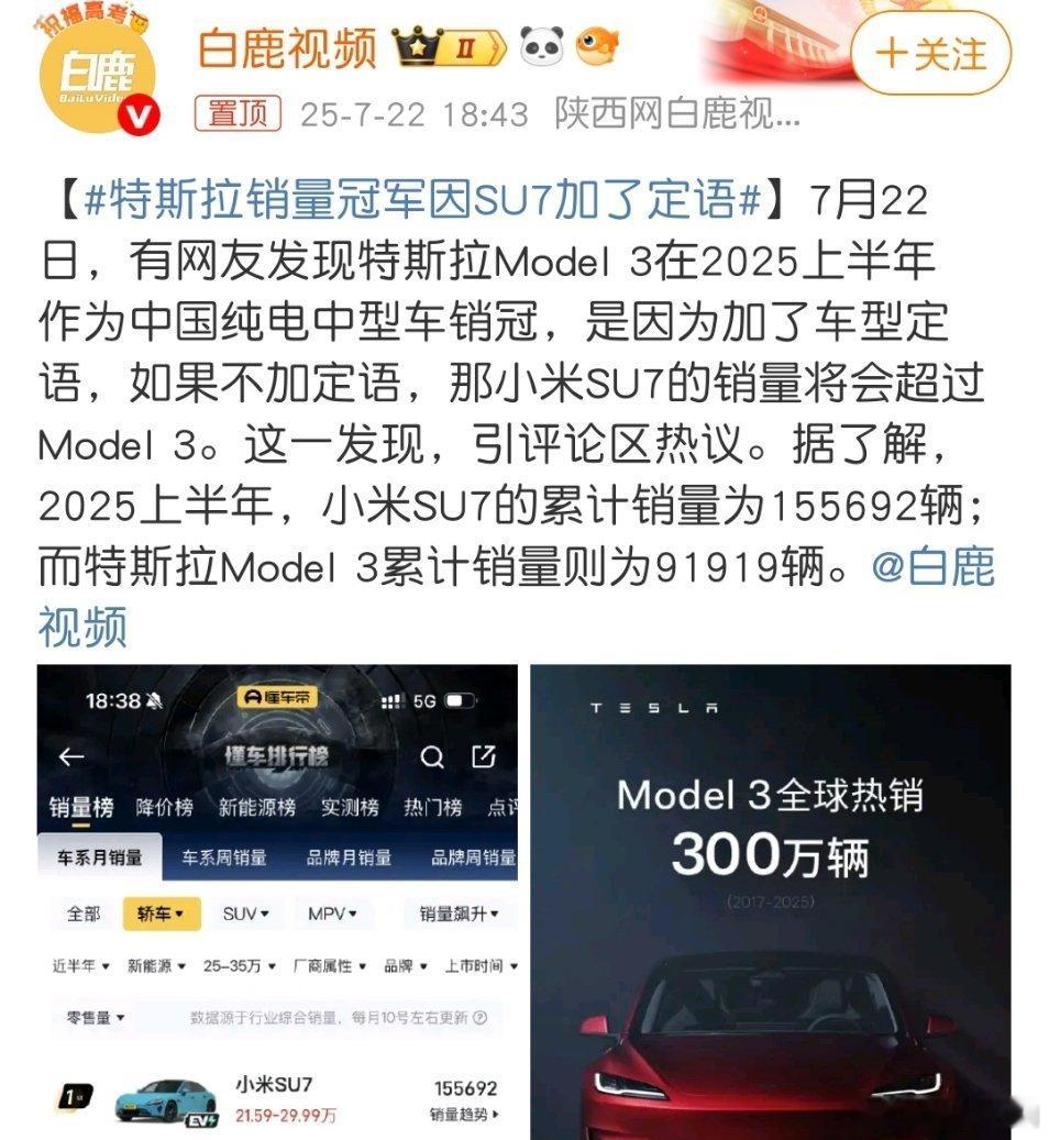 特斯拉销量冠军因SU7加了定语特斯拉现在这是也懂定语第一了？小米牛逼，把特斯拉毛