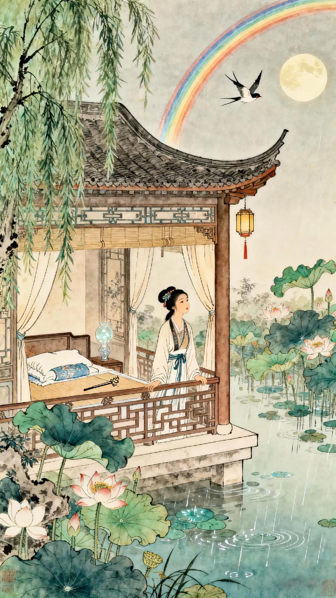 《临江仙》宋、欧阳修。
柳外轻雷池上雨，
雨声滴碎荷声。
小楼西角断虹明。
阑干