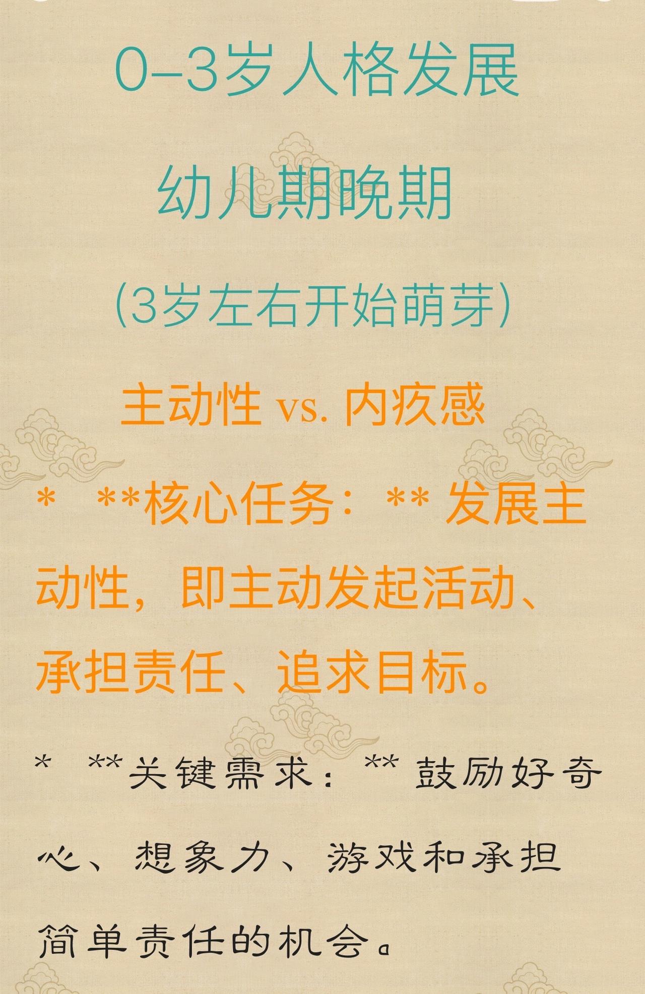 0-3岁人格发展，幼儿期晚期（3岁左右开始萌芽）：主动性 vs. 内疚感。知识分