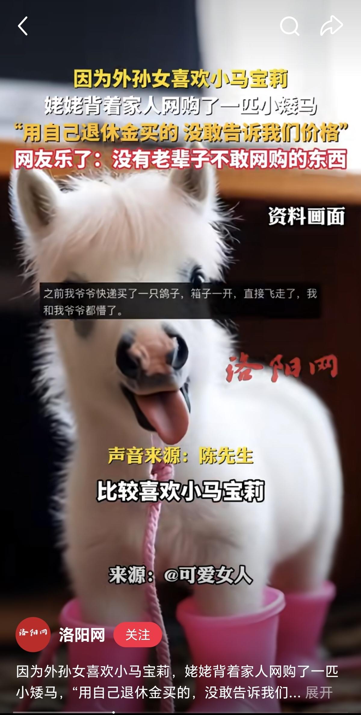 这就是隔代亲的具象化吧
因为外孙女喜欢看小马宝莉
这个姥姥就偷偷给她买了一匹小矮