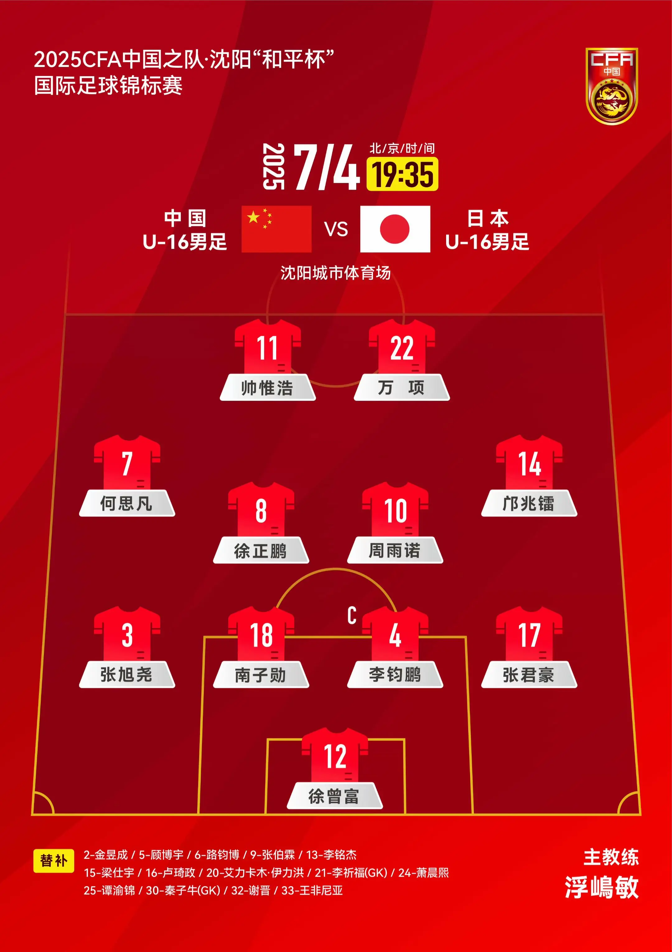 2025CFA中国之队·沈阳“和平杯”国际足球锦标赛 中国U16男足V...