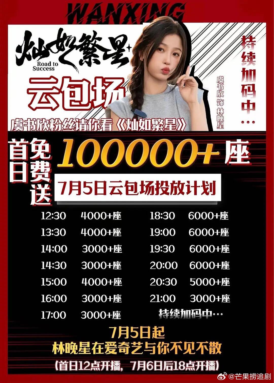 虞书欣粉丝为《灿如繁星》开播首日准备了云包场100000+座，林晚星明天见！ 