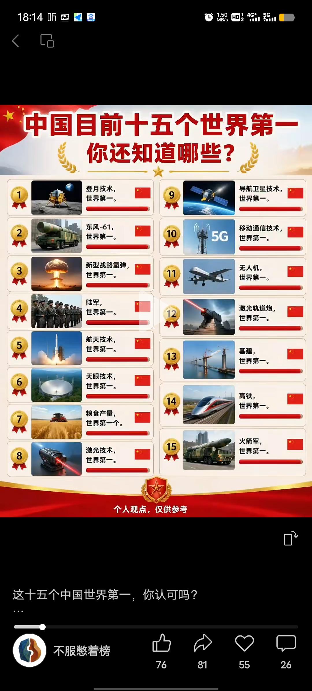 中国科技实力全球领先的可不少。先说5G通信技术，中国的5G通讯基站建设领先，让信