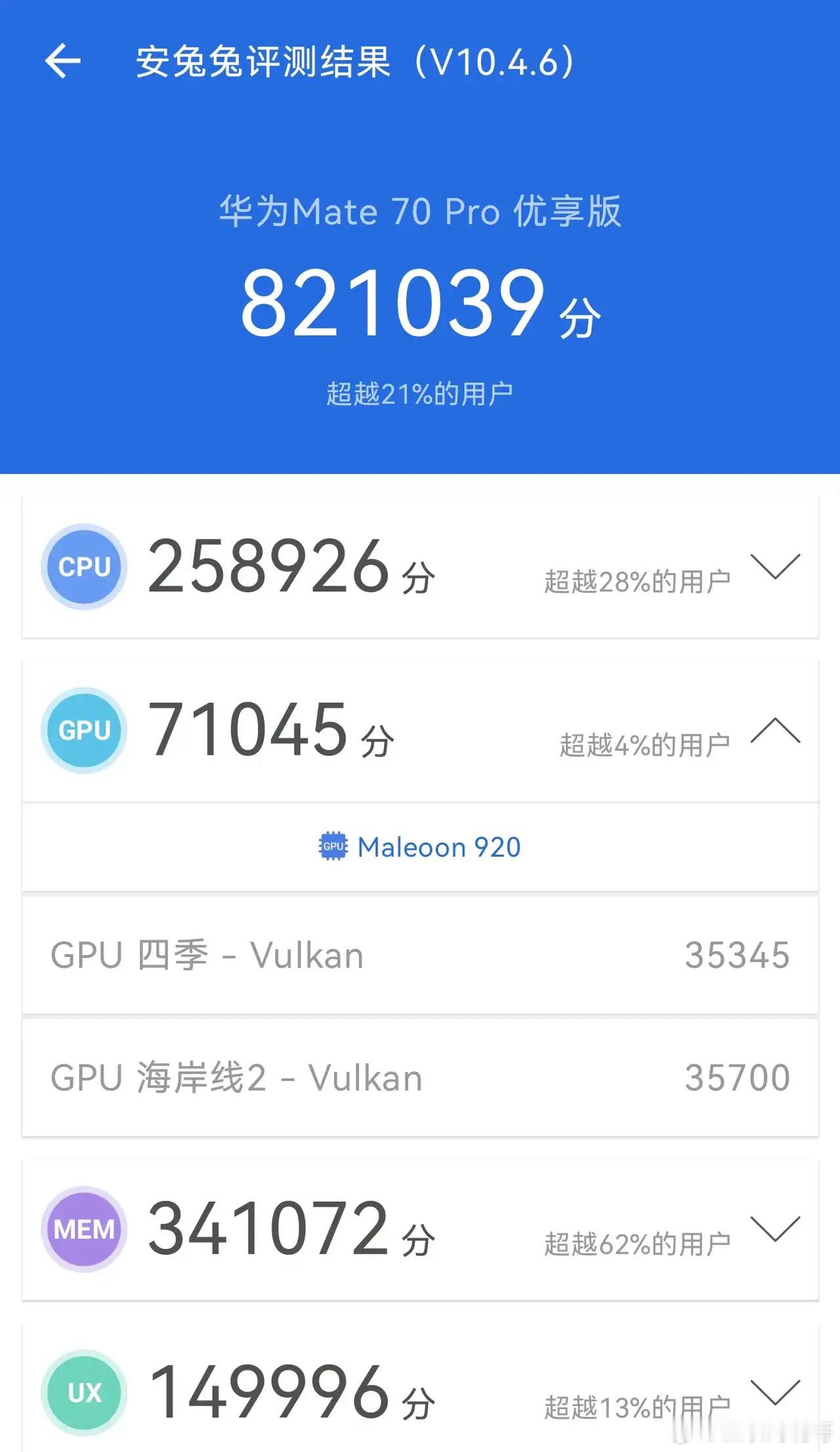 Mate70Pro优享版在安兔兔10.4.6测了两遍，第一遍82万分，第二遍81