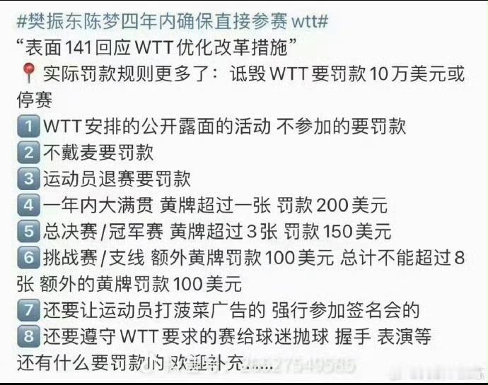 WTT新规诚意 毫无诚意！看到的只有不停的压榨运动员！剥削运动员！ 