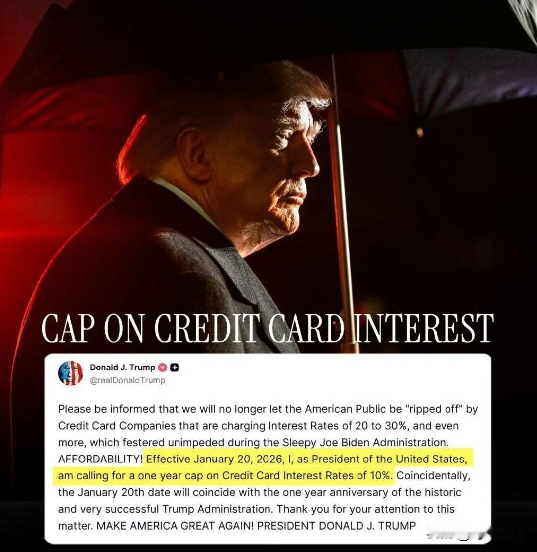 美国总统唐纳德·J·特朗普宣布，自2026年1月20日起，信用卡年利率将被限定为