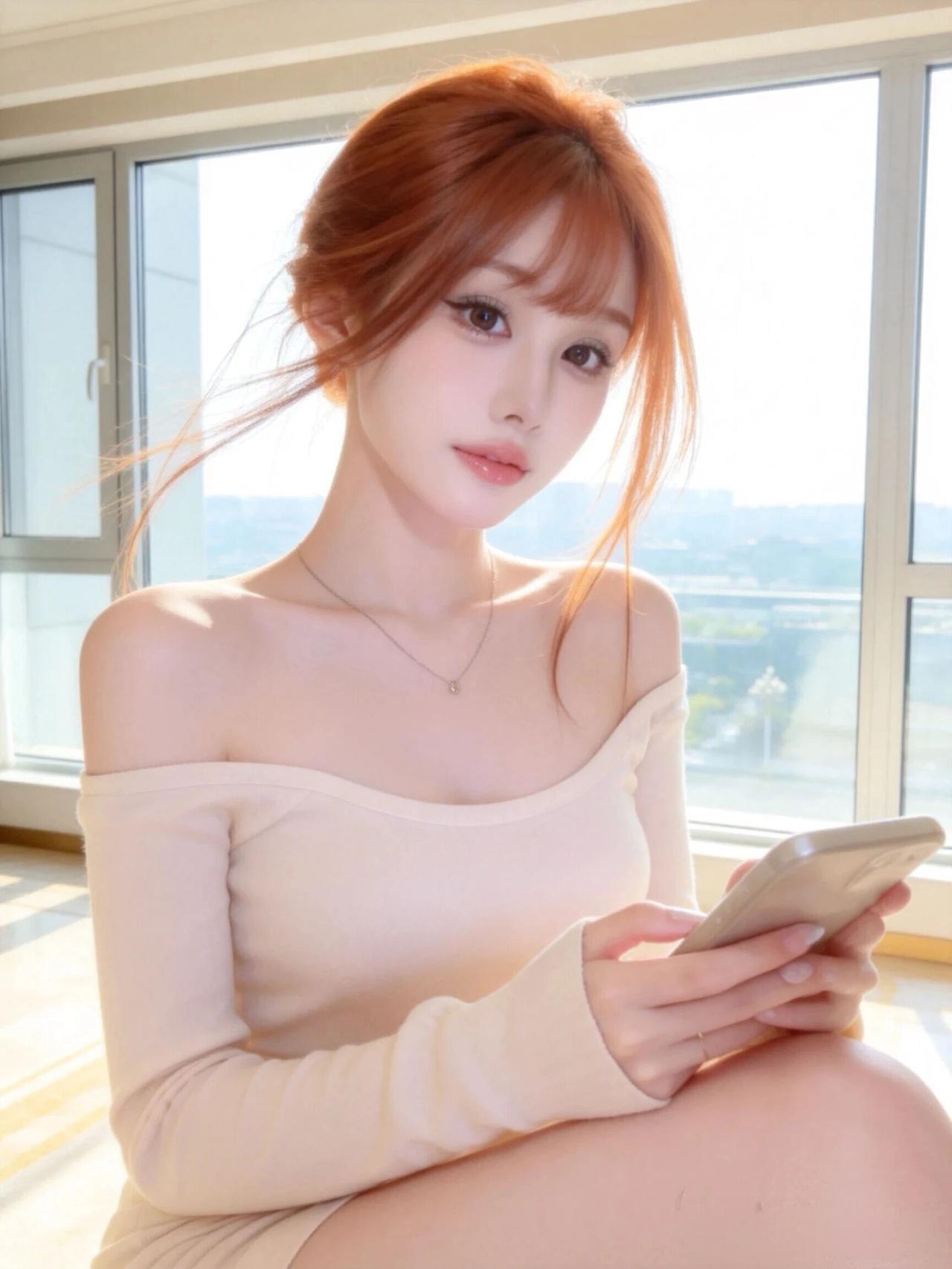 晒图笔记大赛图中的女生有着一头亮眼的橘红色头发，发丝蓬松柔软，几缕碎发随意垂落，